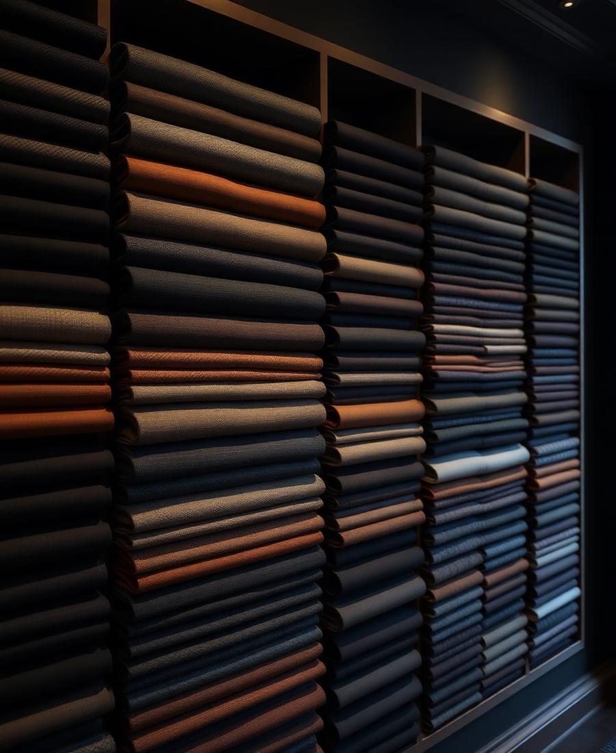Wall of folded suiting fabrics at the San Deno shop