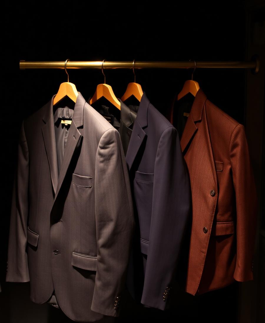 Finished custom suits hanging on a brass rail
