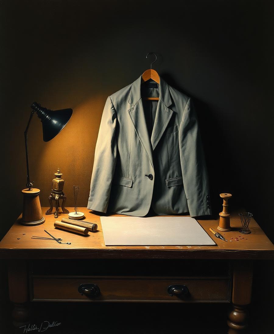 Tailor's workbench with chalk, pins and thread