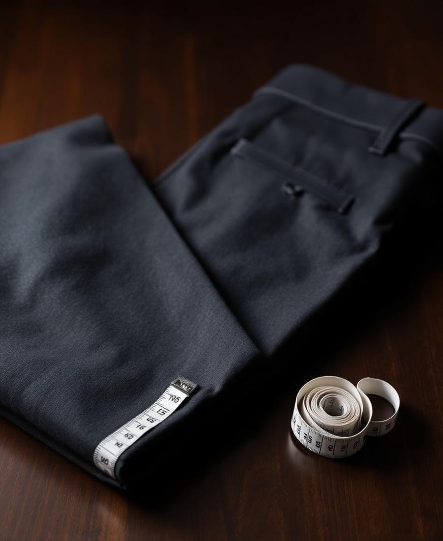 Folded charcoal trousers beside a measuring tape